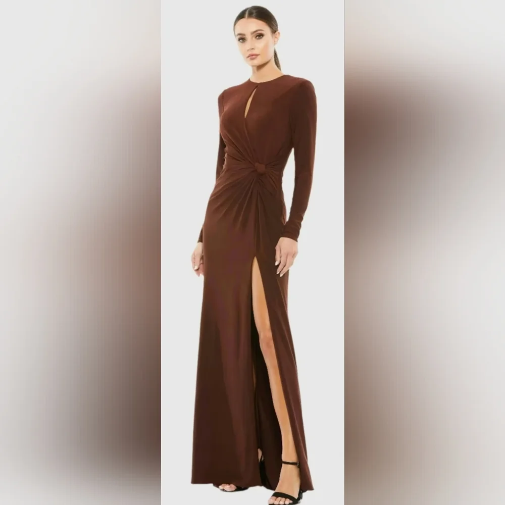 Mac Duggal 55708 Brown Long Sleeve Keyhole Draped Gown NWT Size 8